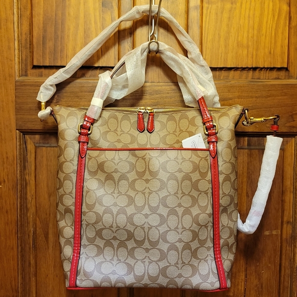 Coach Peyton Signature Convertible Shoulder Bag Tote Handbag F24601 Khaki & Red - Picture 15 of 16